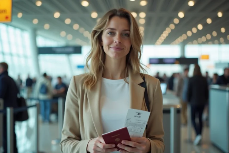 Femme française tenant un passeport et des documents de voyage au comptoir d'enregistrement d'un aéroport européen