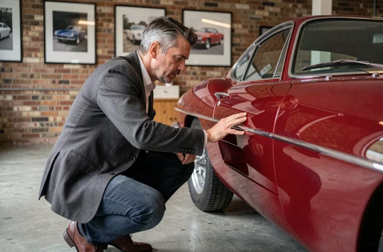 Amateur passionné d'automobile admire une Ferrari vintage rouge dans un garage de collection privé
