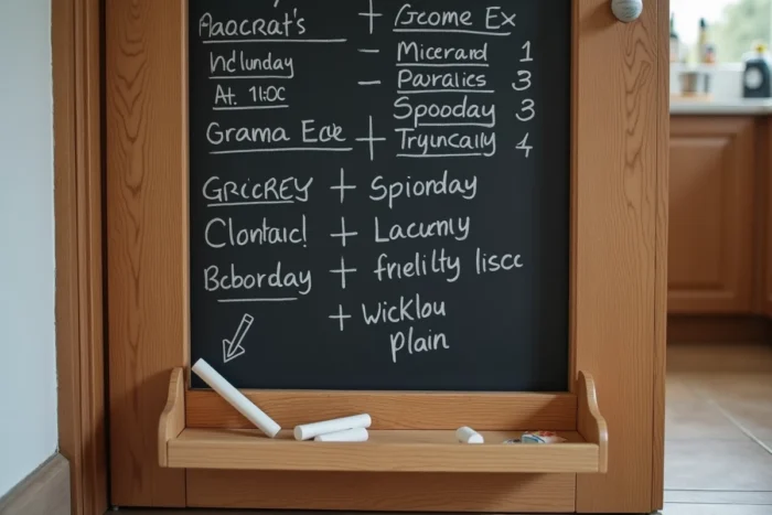 Peinture ardoise appliquée sur la moitié d'une porte en bois avec une liste de courses et des dessins écrits à la craie blanche