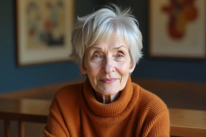 Femme de 70 ans portant une coupe pixie avec frange rideau encadrant le visage