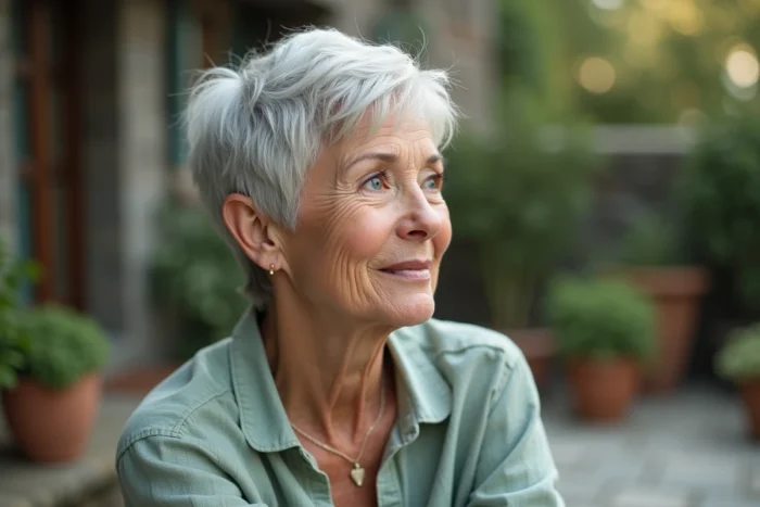 Femme de 70 ans avec une coupe pixie texturisée au volume prononcé sur le dessus