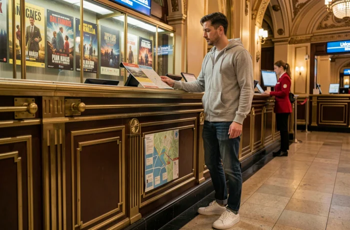 Visiteur en situation de handicap consultant le plan d'accessibilité au guichet du Grand Rex Paris