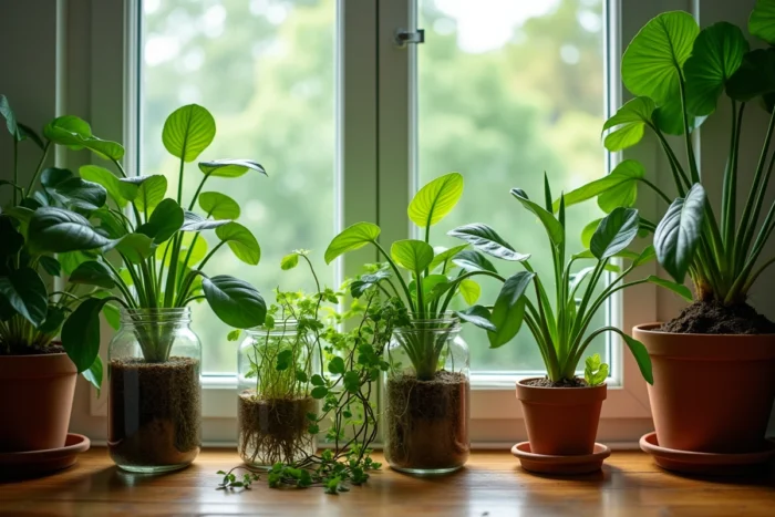 Plantes vertes et boutures dans des bocaux en verre sur un rebord de fenêtre en bois, avec monstera et pothos