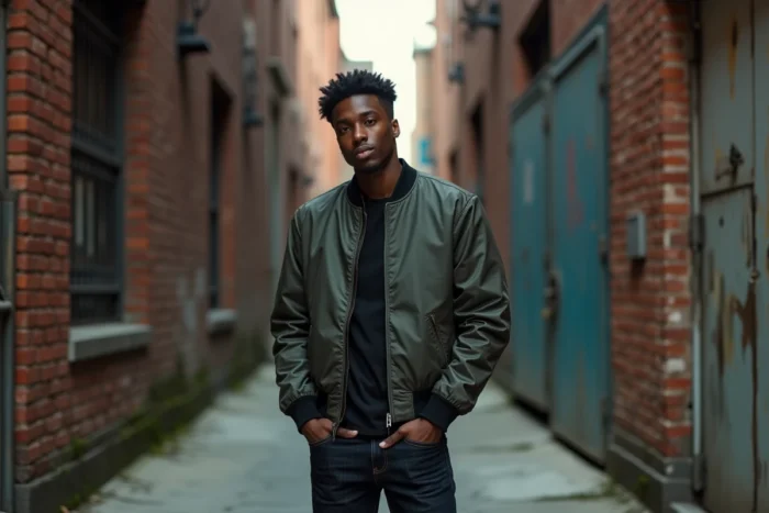 Portrait éditorial d'un jeune artiste en blouson bomber dans une ruelle urbaine aux murs de briques vintage