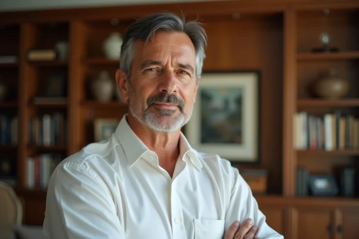 Portrait d'un homme mature et soigné dans un intérieur raffiné, évoquant la vie privée et le quotidien d'un personnage public