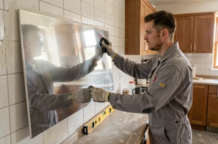 Pose d'une crédence inox miroir sur mesure par un professionnel lors d'une rénovation de cuisine