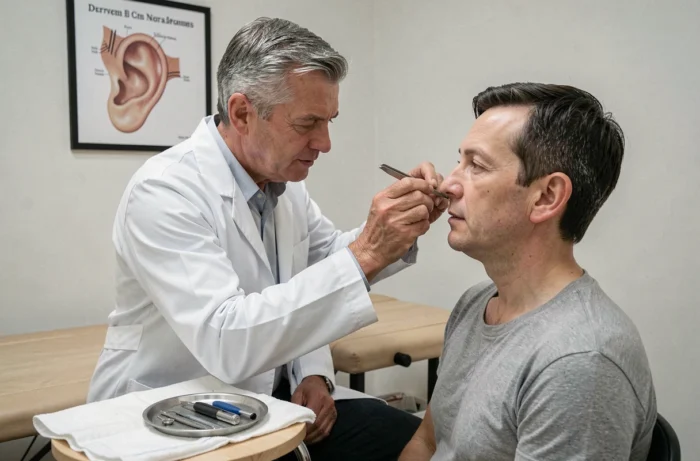 Praticien spécialisé en auriculothérapie posant une graine auriculaire sur l'oreille d'un patient pour favoriser la perte de poids