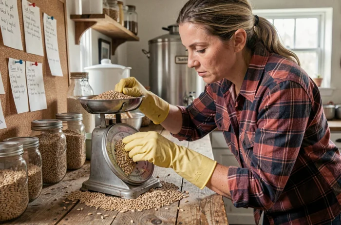Femme mesurant des grains d'orge maltée sur une balance vintage pour préparer du whisky artisanal