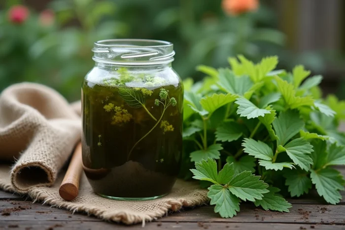 Bocal en verre contenant du purin d'ortie en macération entouré d'orties fraîches sur une table de jardin