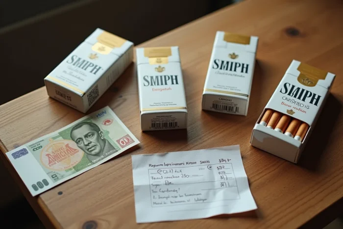 Vue de dessus de paquets de cigarettes avec des francs suisses et un reçu sur une table en bois, illustrant le prix des cigarettes en Suisse
