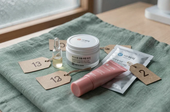 Gros plan sur les produits miniatures de soin coréen extraits du calendrier de l'avent Yesstyle 2026 sur tissu en lin