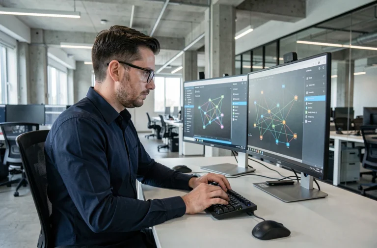 Professionnel informatique travaillant sur des tableaux de bord de gestion réseau dans un bureau moderne en open space