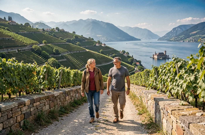 Couple se promenant dans les vignobles en terrasses de Lavaux sur la Riviera vaudoise avec vue sur le lac Léman