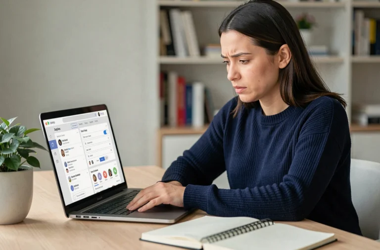 Femme consultant les paramètres de confidentialité de ses réseaux sociaux sur un ordinateur portable pour protéger ses contenus en ligne