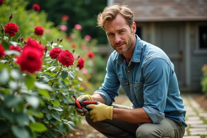 Homme pulvérisant du purin d'ortie dilué sur les feuilles de rosiers dans un jardin fleuri