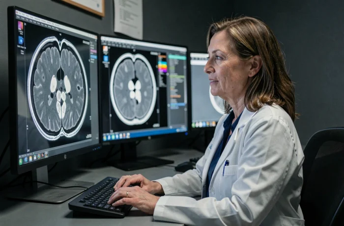 Radiologue féminine analysant un hypersignal IRM cérébral sur écran médical en salle de lecture radiologique