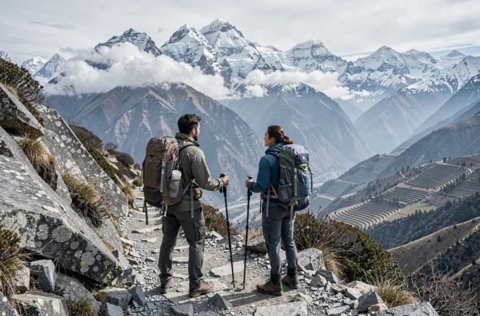 Deux randonneurs avec sacs à dos contemplent les sommets enneigés de l'Himalaya lors d'un trek de plusieurs jours au Népal