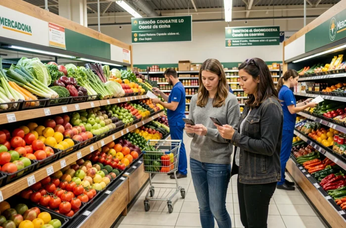 Rayon fruits et légumes d'un Mercadona avec des clients français faisant leurs courses en Espagne