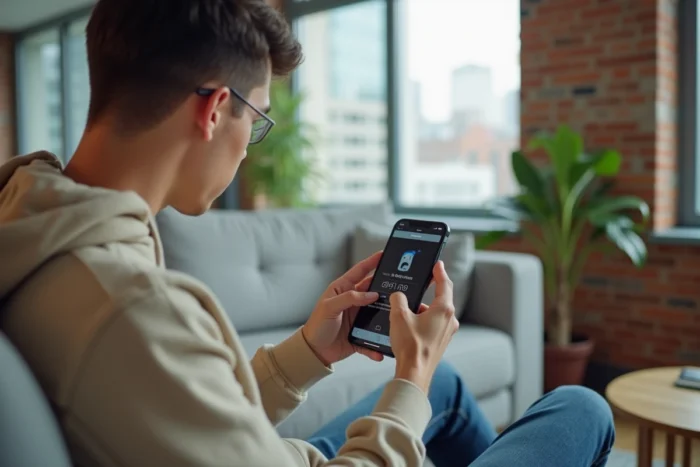 Jeune adulte recherchant un numéro de téléphone inconnu via un annuaire inversé sur smartphone dans un appartement moderne