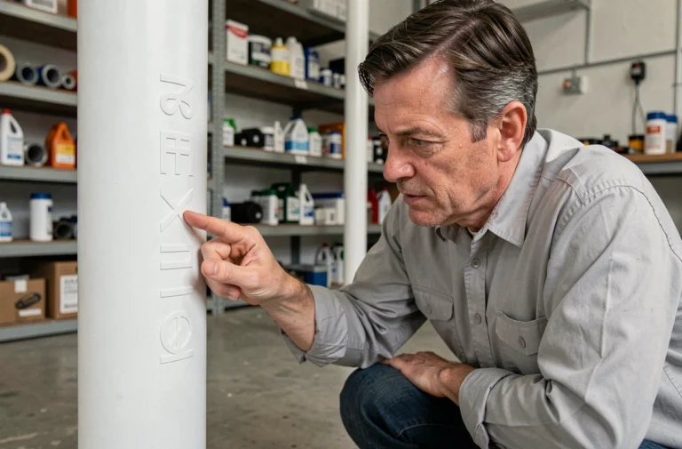 Homme examinant de près les signes et marquages en relief sur une colonne en plastique PVC blanche dans un local technique
