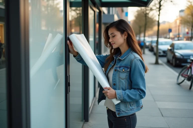 Femme récupérant une affiche publicitaire dans un abribus en ville
