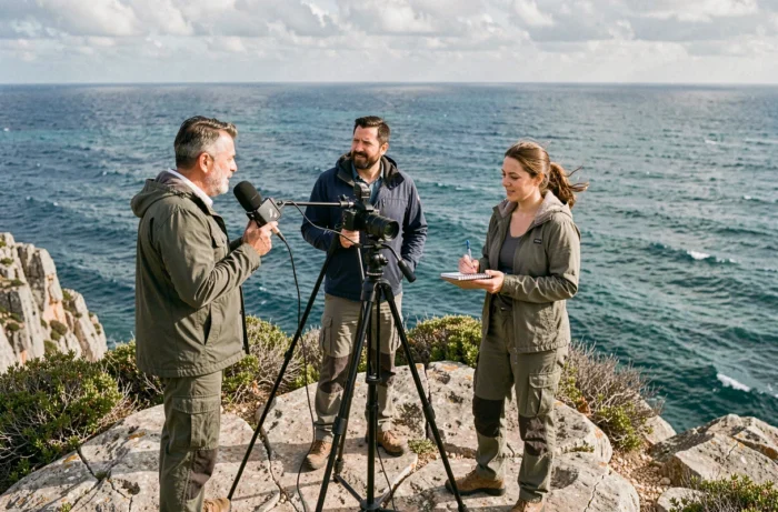 Équipe de reporters en reportage de terrain sur un promontoire rocheux face à la mer Méditerranée