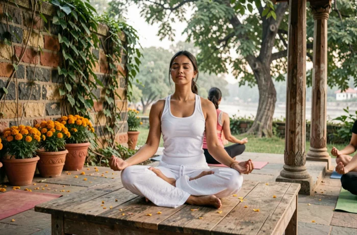 Une voyageuse en posture méditative sur une plateforme de yoga dans un ashram au bord du Gange à Rishikesh, Inde