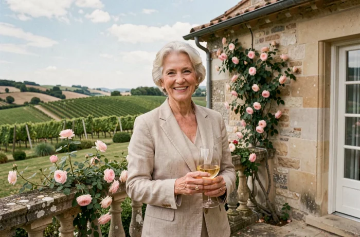 Retraitée aisée souriante sur la terrasse de sa maison de campagne en pierre entourée d'un jardin fleuri