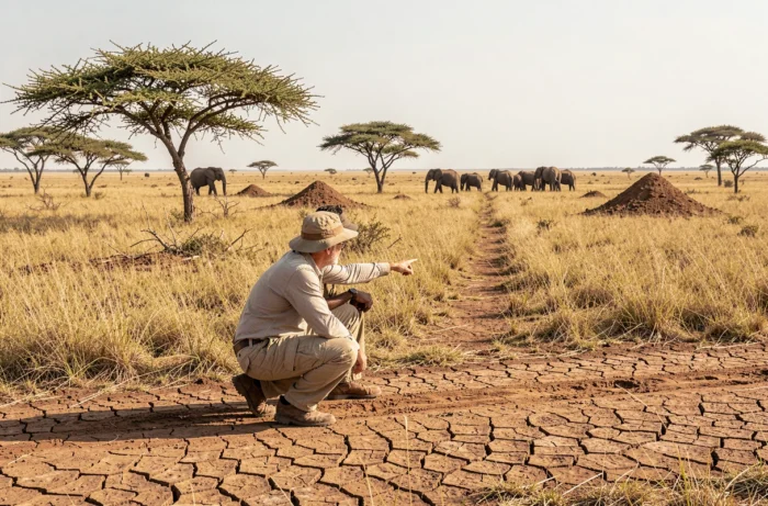 Un voyageur et son guide local observent un troupeau d'éléphants lors d'un safari à pied dans la savane de Zambie
