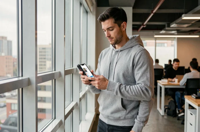 Homme vérifiant les options de confidentialité de son profil sur smartphone dans un espace de coworking pour sécuriser ses publications