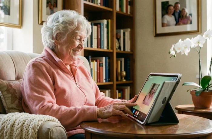 Femme senior souriante lors d'un appel vidéo en famille depuis son salon, illustrant le lien social et le bien-être au grand âge