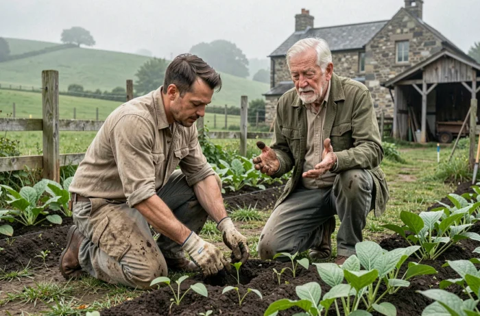Un volontaire en workaway transplante des plants de légumes aux côtés d'un agriculteur local dans une ferme biologique