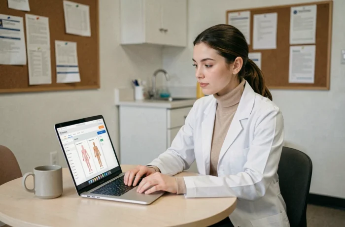 Soignante en blouse blanche utilisant un ordinateur portable pour accéder au logiciel Domusvi Netsoins dans une salle de pause d'établissement de soins