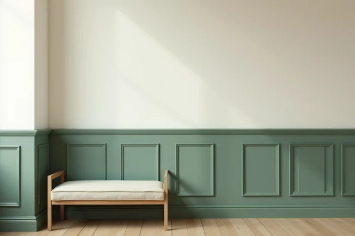 Soubassement peint en vert sauge sur un pan de mur d'un salon, avec une ligne horizontale nette séparant deux teintes