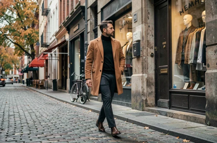 Homme confiant en manteau camel et col roulé noir marchant dans une rue urbaine pavée avec des boutiques de vêtements, illustrant le style masculin au quotidien