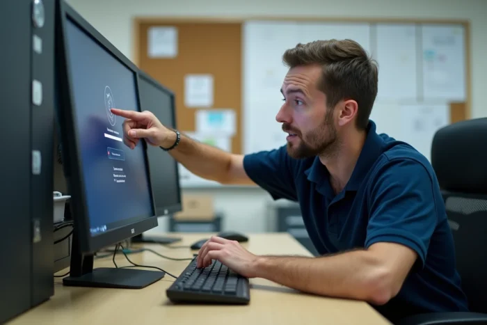 Technicien informatique aidant à résoudre un problème d'accès au compte Cyclades dans un bureau scolaire