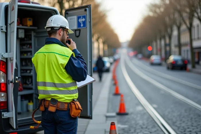 Technicien municipal en gilet jaune intervenant sur l'armoire de signalisation d'un feu tricolore en panne dans une rue française