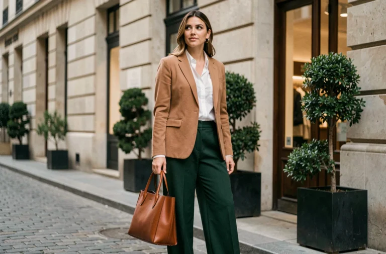 Femme élégante portant un blazer camel et un pantalon large vert devant une boutique parisienne, tendances mode automne