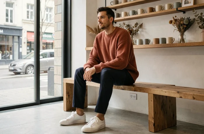 Homme en pull en maille terracotta et chino marine assis dans un café minimaliste, mode streetwear tendance