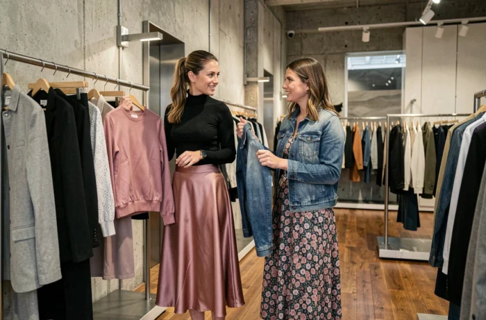 Deux femmes découvrant les dernières tendances mode dans un concept store moderne, jupe satin et veste en jean