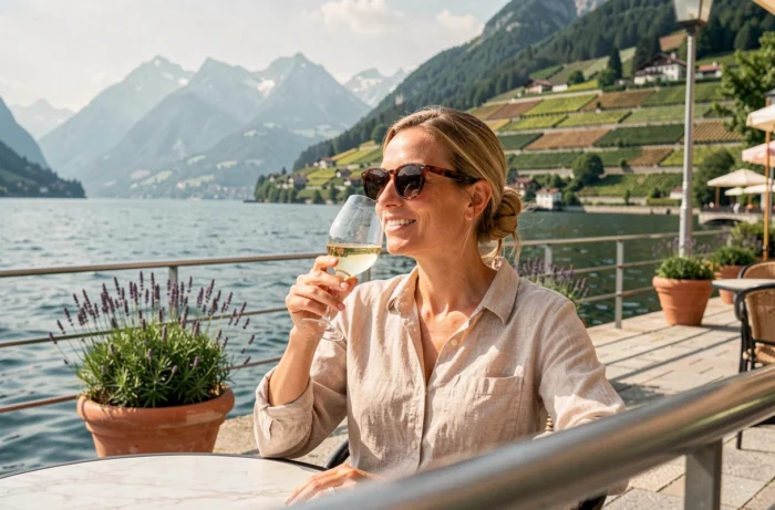 Femme dégustant un verre de vin blanc en terrasse au bord du lac Léman sur la Riviera vaudoise en Suisse
