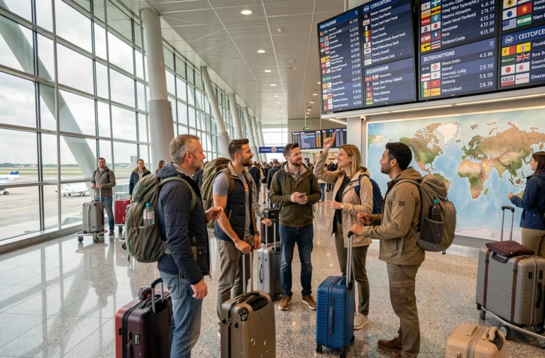 Groupe de voyageurs avec sacs à dos devant un tableau de destinations dans un aéroport international, symbolisant un tour du monde