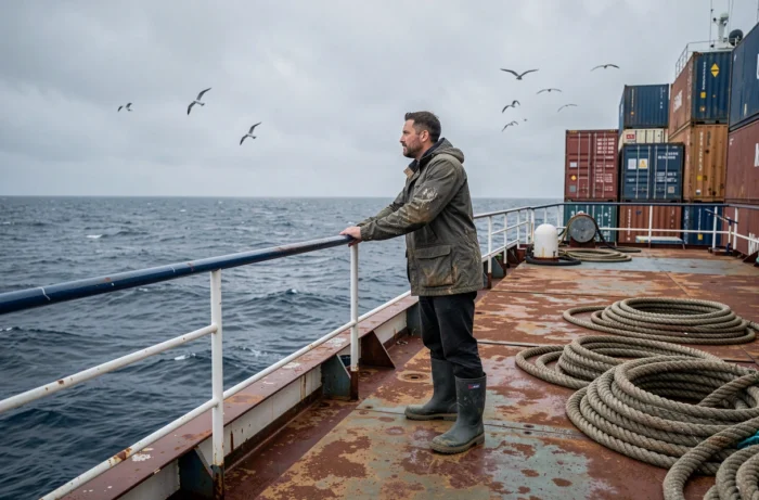 Un voyageur debout à la proue d'un cargo traversant l'Atlantique dans le cadre d'une traversée en bateau entre deux continents