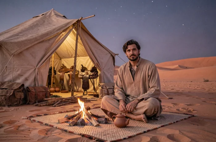 Un voyageur en bivouac autour d'un feu de camp traditionnel dans les dunes du désert du Sahara au Maroc