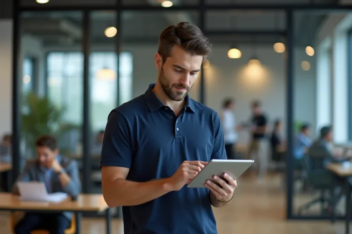 Homme utilisant un compte Huawei ID sur tablette dans un espace de coworking moderne
