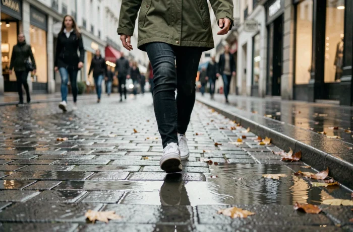 Femme portant des Vans Old Skool blanches imperméabilisées marchant sur un trottoir mouillé en ville sous la pluie automnale