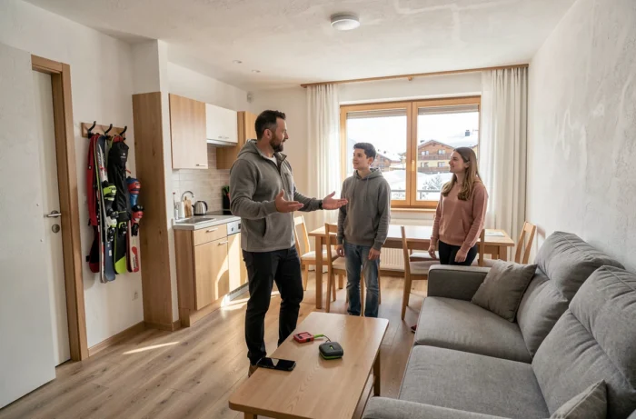 Agent immobilier faisant visiter un appartement meublé en location aux Menuires à un couple de futurs locataires