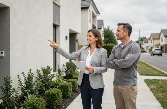 Une conseillère immobilière présente une maison neuve à un client lors d'une visite de bien immobilier