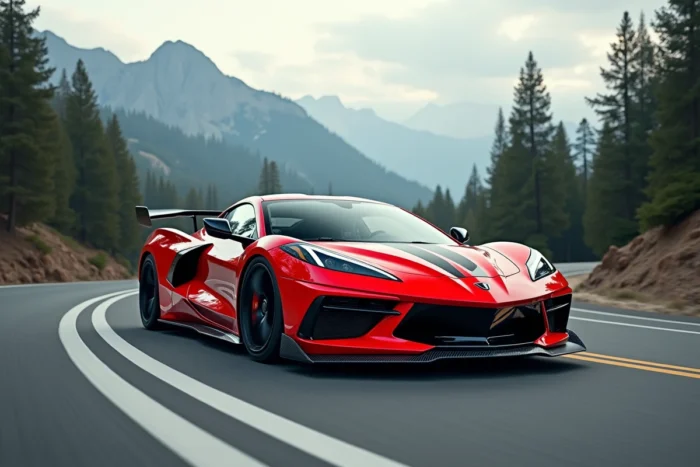 Voiture de sport rouge haute performance en pleine courbe sur une route de montagne sinueuse entourée de forêts de pins