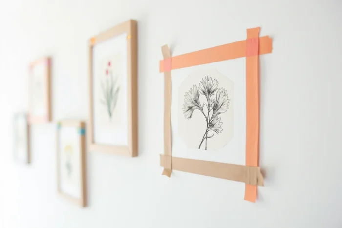 Cadres décoratifs créés avec du washi tape coloré sur un mur blanc, encadrant des illustrations botaniques sans percer